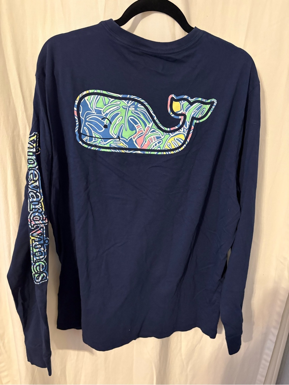 Vineyard Vines Navy Long Sleeve Whale Tee with Tropical Print